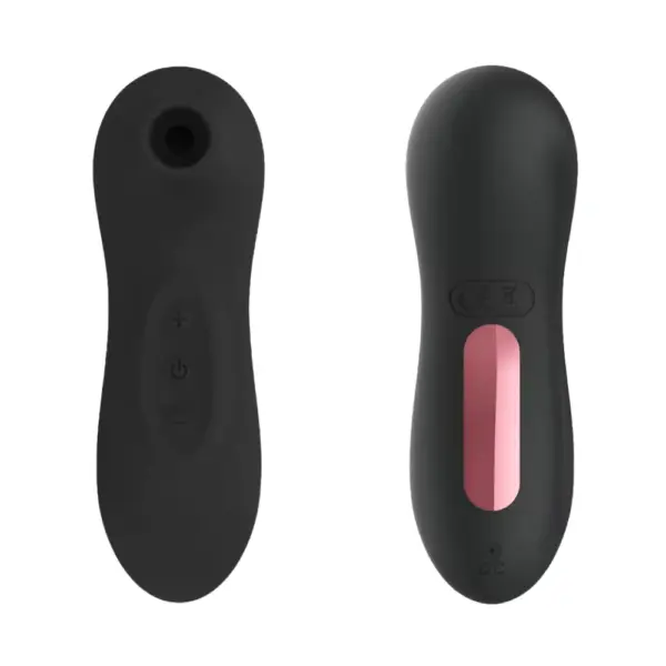 Suction Vibrator for Women – Femora shown in black from both front and back angles, featuring pink metallic charging detail and control buttons.