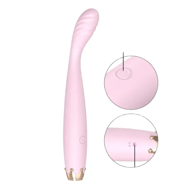 Side view of the Bendelle Bendable G-Spot Vibrator showing its single-button control and discreet DC charging port, accented with a gold crown-like base.