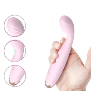 Bendable G-Spot Vibrator Bendelle held in hand, with close-up insets highlighting the ribbed curved tip, Bendable neck, and gold detailing at the base.
