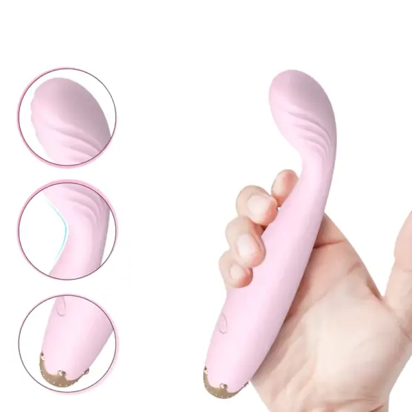 Bendable G-Spot Vibrator Bendelle held in hand, with close-up insets highlighting the ribbed curved tip, Bendable neck, and gold detailing at the base.