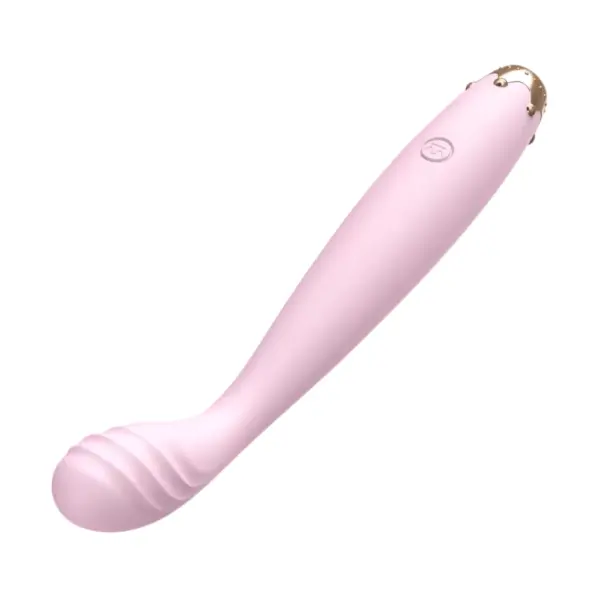 The Bendelle Bendable G-Spot Vibrator shown fully extended with a softly curved, ribbed head and a sleek matte pink finish with decorative gold base.