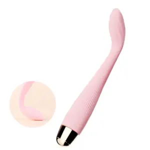 WarmSpire Heated G-Spot Vibrator shown with an inset highlighting the soft and flexible silicone shaft that bends gently for enhanced comfort.