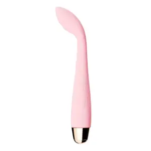 The WarmSpire Heated G-Spot Vibrator in pale pink with a sleek, curved tip designed for targeted internal stimulation and elegant gold detailing at the base.