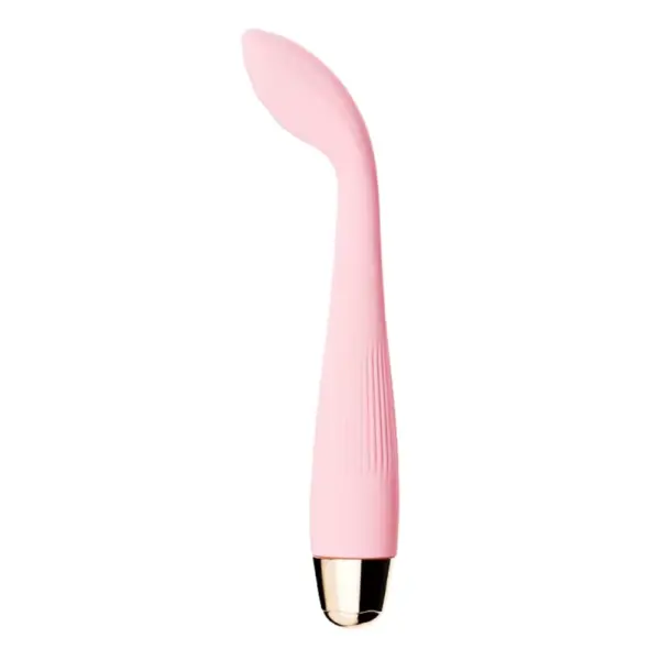 The WarmSpire Heated G-Spot Vibrator in pale pink with a sleek, curved tip designed for targeted internal stimulation and elegant gold detailing at the base.