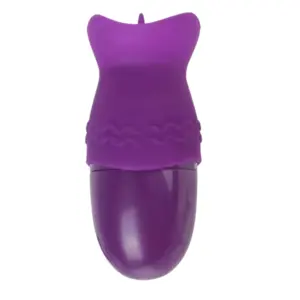 Front-facing view of the purple VibeLuxe, showing the soft silicone sleeve with a butterfly-like opening that houses a flicking tongue for targeted pleasure.
