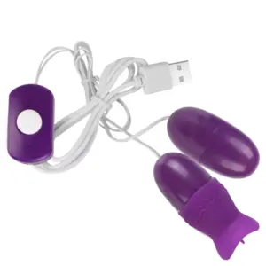 Full purple VibeLuxe set featuring two vibrating bullets, a flicking tongue stimulator, inline power button, and USB charging cable.