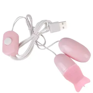 Pink VibeLuxe vibrator set with two bullet attachments and a flicking tongue stimulator, shown with a matching USB cable and control switch.
