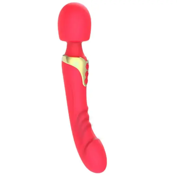 The Erosva Flicking Shaft Wand in bright red with a gold control panel, showcasing its sleek design and ridged, flexible shaft.