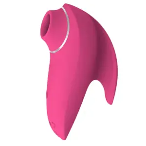 Clit Stimulator Suction Toy – FinnFun shown from a side angle in hot pink with a curved, ergonomic design and silver accent ring around the nozzle.