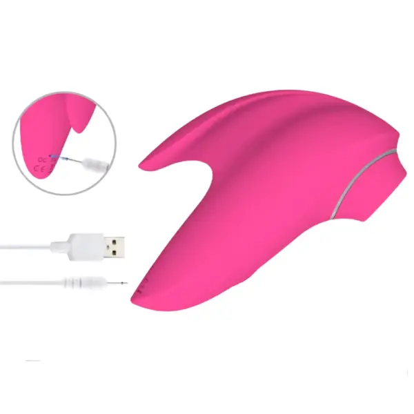 Clit Stimulator Suction Toy – FinnFun in pink with close-up of the USB charging cable connected to the discreet port on the underside.