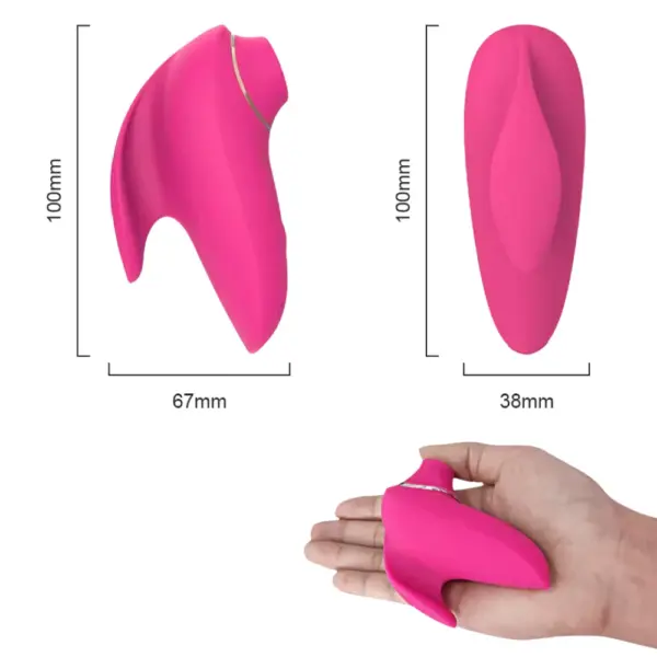 Clit Stimulator Suction Toy – FinnFun displayed with size dimensions of 100mm by 67mm and 38mm width, including a scale view resting in a hand.