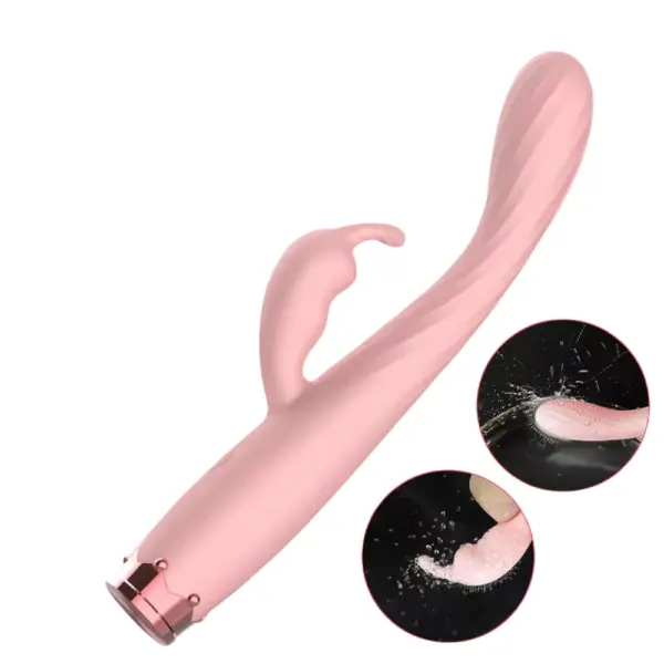 FlexPulse rabbit vibrator angled to display splash resistance and vibrating tip features with two inset images showing strong vibration motion underwater.