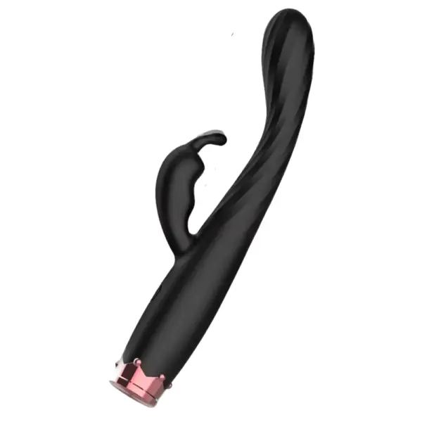 Black version of the FlexPulse Dual Stim Rabbit featuring the same ergonomic shape and rose gold crown-like base accent for a sleek, stylish look.