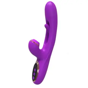 3-Modes Rabbit Vibrator – Flika in bold purple featuring a curved shaft, built-in inner stimulator, and external suction head for versatile triple pleasure.