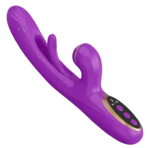Flika vibrator laid flat with visible internal textured nub, curved shaft, and gold-ringed suction stimulator designed for targeted external stimulation.