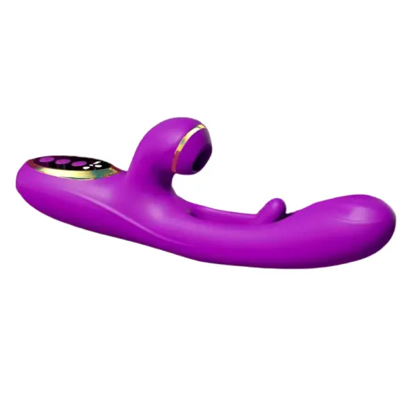 Purple Flika vibrator displayed flat to highlight the contoured shaft, internal stimulator, clitoral suction cup, and gold-accented control panel.