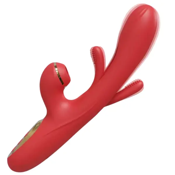 3-Modes Rabbit Vibrator – Flika in a vibrant red version with textured internal stimulator, contoured shaft, and gold-accented clitoral suction cup.