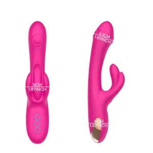 Side-by-side views of the DuoWhirl rabbit vibrator with labeled dimensions including a 1.61-inch wide shaft, 1.97-inch clitoral arm width, and 1.57-inch base diameter.