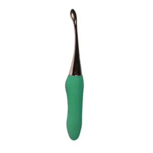 Side profile of the Sleeky Slim G-Spot Vibrator featuring an elegant curve and pinpointed tip ideal for precision G-spot stimulation with ergonomic green grip.