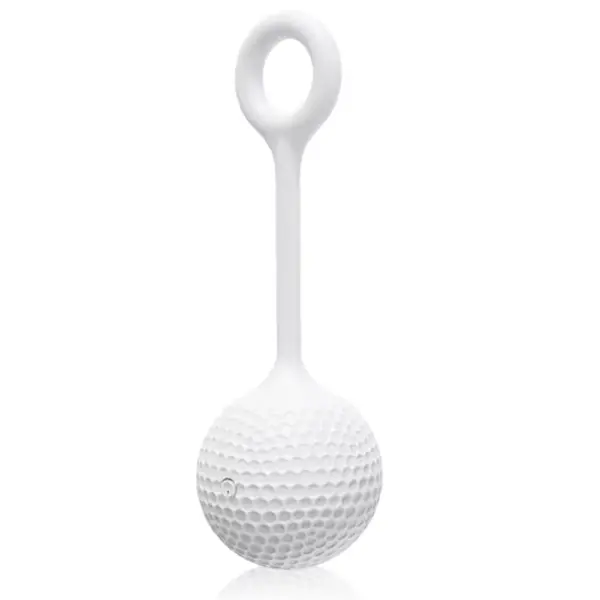 Minimalist white egg vibrator shaped like a golf ball with a textured surface and flexible retrieval loop for easy use.