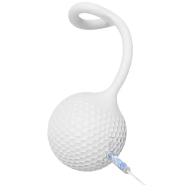 Close-up of the ParTeea vibrator while charging, with a lit charging port and curved tail emphasizing its flexible silicone design.