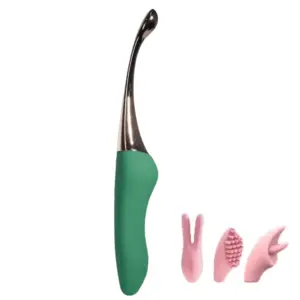 Slim G-Spot Vibrator Sleeky featuring a curved, metallic shaft and a green silicone handle, shown with three interchangeable pink silicone attachments for versatile stimulation.