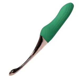 Angled view of the Sleeky Slim G-Spot Vibrator highlighting the contoured green silicone handle and its curved, polished shaft designed for targeted internal stimulation.