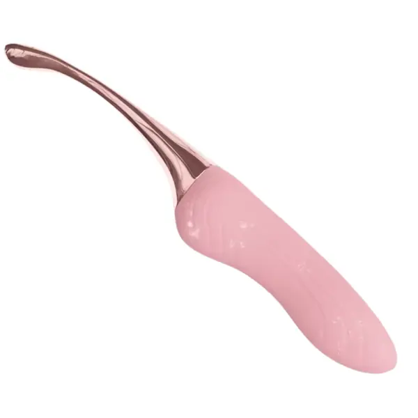 Beginner Friendly G-Spot Vibrator – FirstRipple shown from a side angle, emphasizing its gently arched shaft and smooth metallic finish for targeted G-spot pleasure.