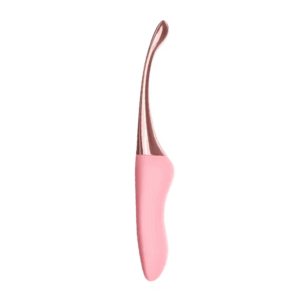 Beginner Friendly G-Spot Vibrator – FirstRipple features a slim, curved rose gold tip with a pink ergonomic handle designed for gentle, beginner-friendly internal stimulation.