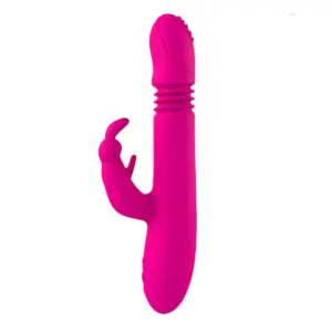 Heated and Thrusting Rabbit – EmberThrust in vibrant pink with a realistic bulbous head, accordion-style thrusting section, and flexible rabbit-style clitoral stimulator.