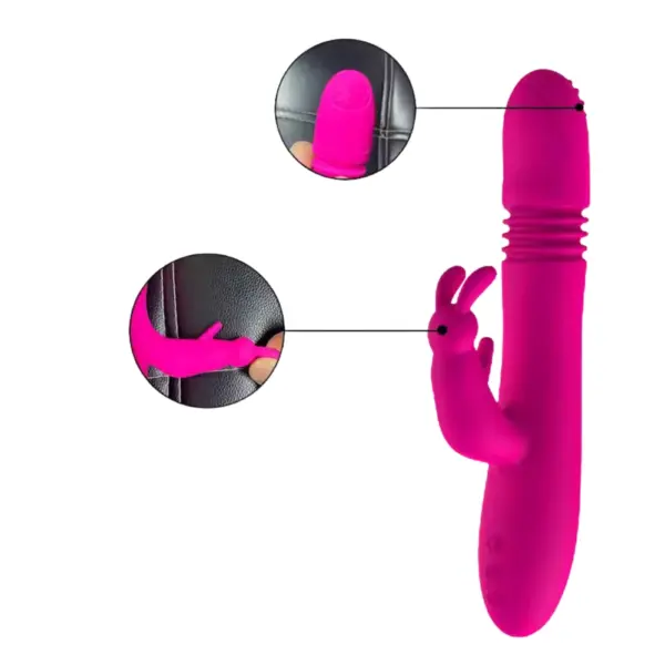 Close-up of EmberThrust's ribbed clitoral stimulator and textured head, highlighting dual stimulation design with a curved shaft and bunny ear tips.