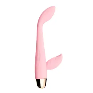 Rechargeable Dual Stimulator – DuoGlow in light pink featuring a curved G-spot head and textured leaf-shaped clitoral stimulator at the base.