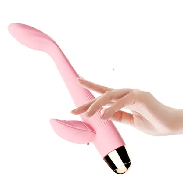 Rechargeable Dual Stimulator – DuoGlow held in hand, showcasing its slender silicone body, curved internal arm, and textured clitoral stimulator.
