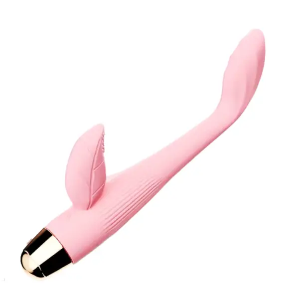 DuoGlow Rechargeable Dual Stimulator shown from the side, highlighting its curved G-spot tip and raised clitoral stimulator shaped like a leaf.