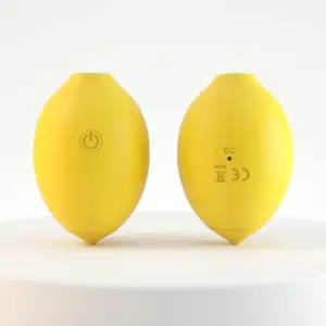 Front and back view of the Citric Lust Lemon Shaped Suction Vibrator showing its compact citrus-like shape, power button, and discreet charging port.