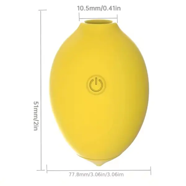Lemon Shaped Suction Vibrator – Citric Lust shown upright in bright yellow with a visible power button and measurements labeled in inches and millimeters.