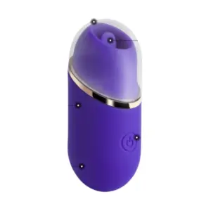 Mini clitoral suction stimulator – TinyTides shown with clear protective cap removed and labeled features including suction opening, power button, and ergonomic silicone body.