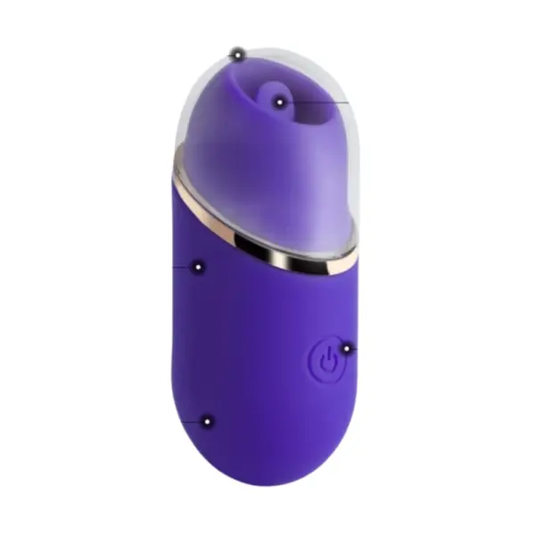 Mini clitoral suction stimulator – TinyTides shown with clear protective cap removed and labeled features including suction opening, power button, and ergonomic silicone body.