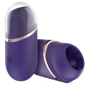 Mini clitoral suction stimulator – TinyTides in deep purple with a clear cap and rose gold accent ring, shown upright and angled to reveal the suction tip.