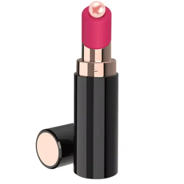 Lipstick clitoral suction vibrator – Smooché shown with a decorative pearl resting in the center of the pink silicone suction tip for display purposes only.