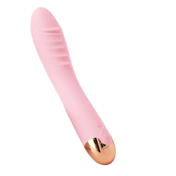 Swirlette vibrator in pink displayed at an angle, highlighting the soft ridges and gold-toned control base with a power button.