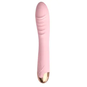 Vibrating dildo with rotating head – Swirlette shown in light pink with a smooth silicone finish, curved shaft, and ribbed texture near the tip.