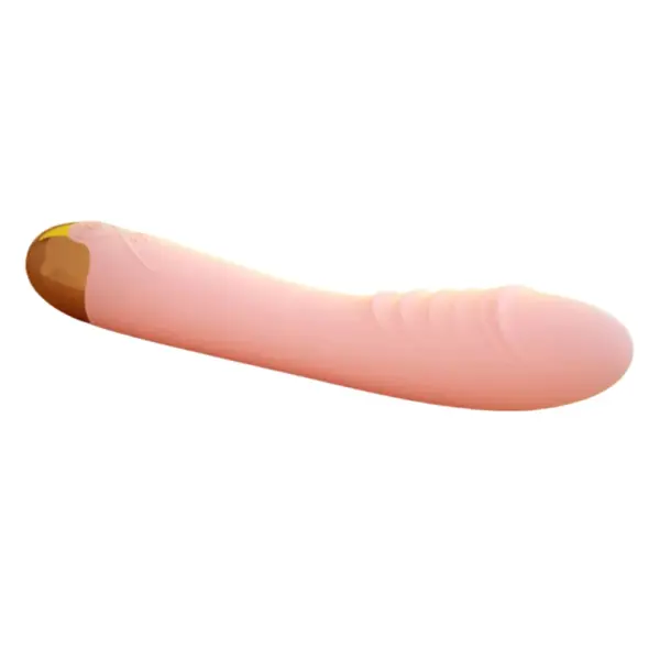 Side view of Swirlette vibrating dildo in pink, showing its contoured shaft, subtle curve, and textured tip designed for internal stimulation.