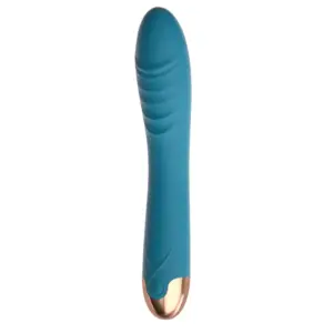 Vibrating dildo with rotating head – Swirlette in a bold teal color, featuring the same curved design, ridged tip, and elegant gold-toned base.