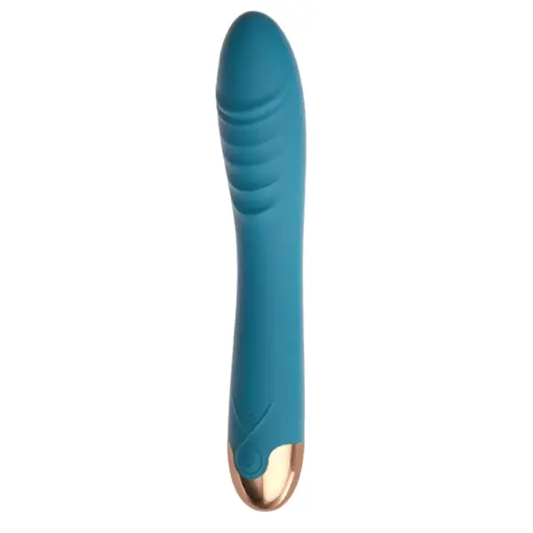 Vibrating dildo with rotating head – Swirlette in a bold teal color, featuring the same curved design, ridged tip, and elegant gold-toned base.