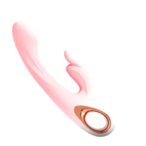 Side view of the LuxeThump vibrator featuring a smooth contoured shaft, twin external stimulator prongs, and ergonomic looped handle in metallic rose gold.