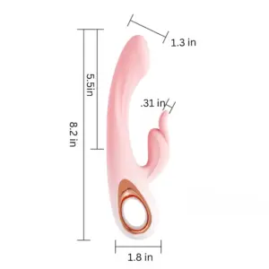 Flat-lay of the LuxeThump in pink showing product measurements: 8.2 inches total length, 5.5-inch insertable shaft, 1.3-inch width, and 0.31-inch clitoral stimulator.