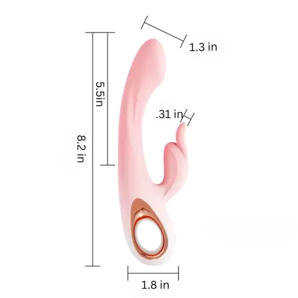 Flat-lay of the LuxeThump in pink showing product measurements: 8.2 inches total length, 5.5-inch insertable shaft, 1.3-inch width, and 0.31-inch clitoral stimulator.