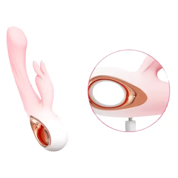 Angled image of the LuxeThump showing the rose gold charging port at the base with an inset circle highlighting the magnetic charging connection.