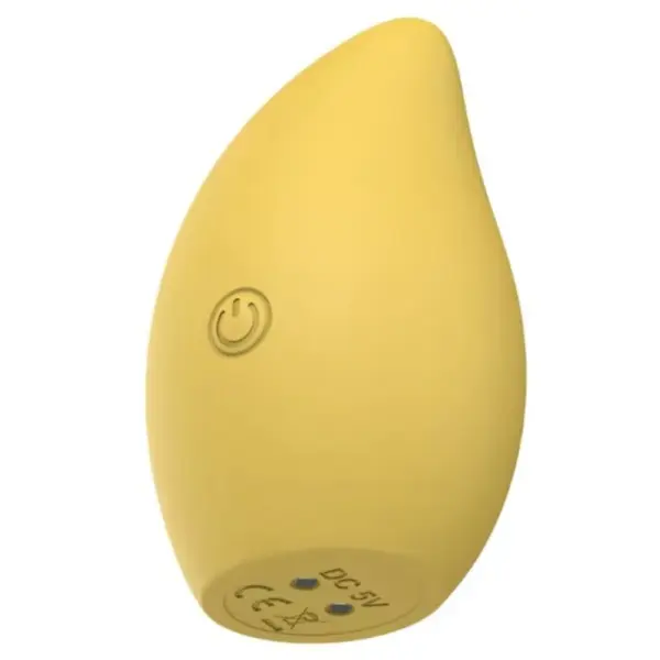 Back angle of the MangoTango clitoral vibrator revealing the magnetic charging port labeled DC 5V, with CE marking and a discreet form-fitting curve.